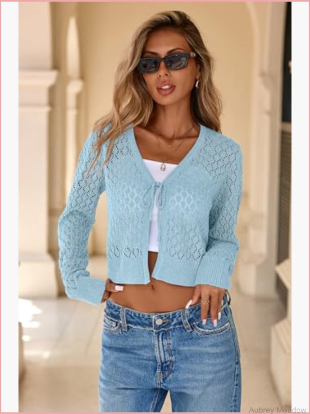 Crochet Tie Front Cardigan Shrug Long Sleeve Knit Crop Top - Picture 2 of 7